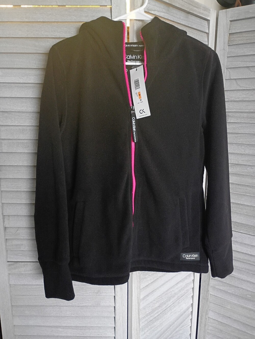 Calvin Klein Fleece Winter Black Hoodie Pink Trim FULL ZIP Size Small NWT